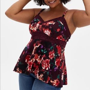 Torrid burgundy floral scuba knit & lace peplum tank